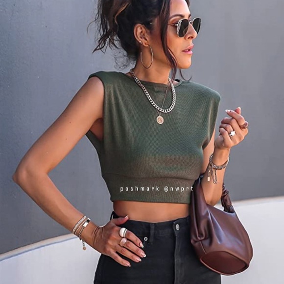 The Drop Tops - THE DROP @LucysWhims Rifle Green Crop Top Tee Padded Shoulder XS Amazon
